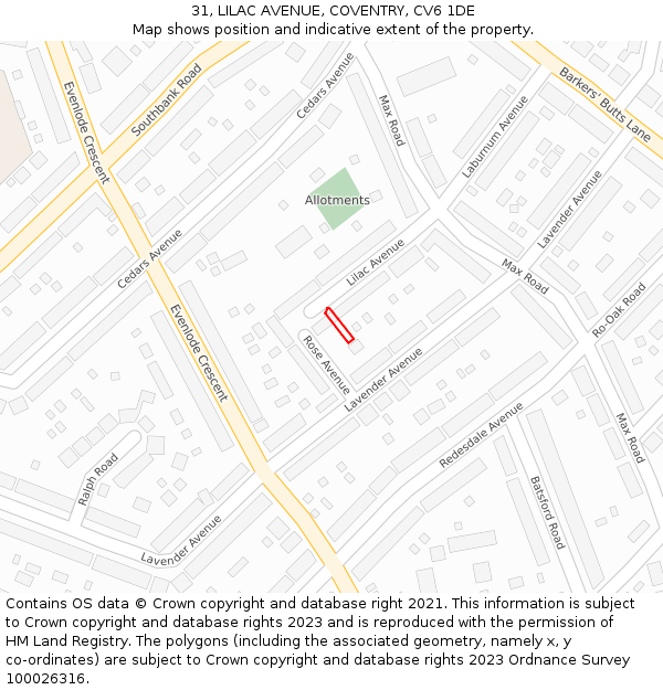 31, LILAC AVENUE, COVENTRY, CV6 1DE: Location map and indicative extent of plot