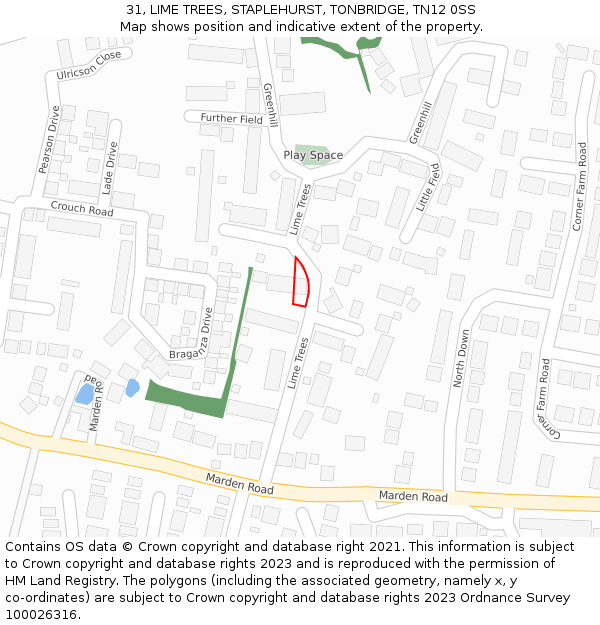 31, LIME TREES, STAPLEHURST, TONBRIDGE, TN12 0SS: Location map and indicative extent of plot