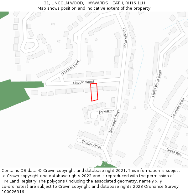 31, LINCOLN WOOD, HAYWARDS HEATH, RH16 1LH: Location map and indicative extent of plot