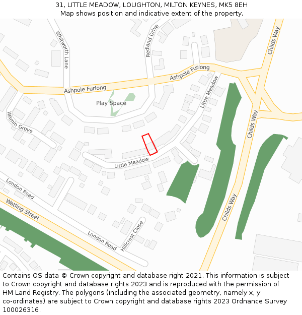 31, LITTLE MEADOW, LOUGHTON, MILTON KEYNES, MK5 8EH: Location map and indicative extent of plot