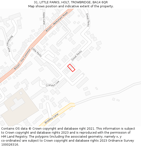 31, LITTLE PARKS, HOLT, TROWBRIDGE, BA14 6QR: Location map and indicative extent of plot