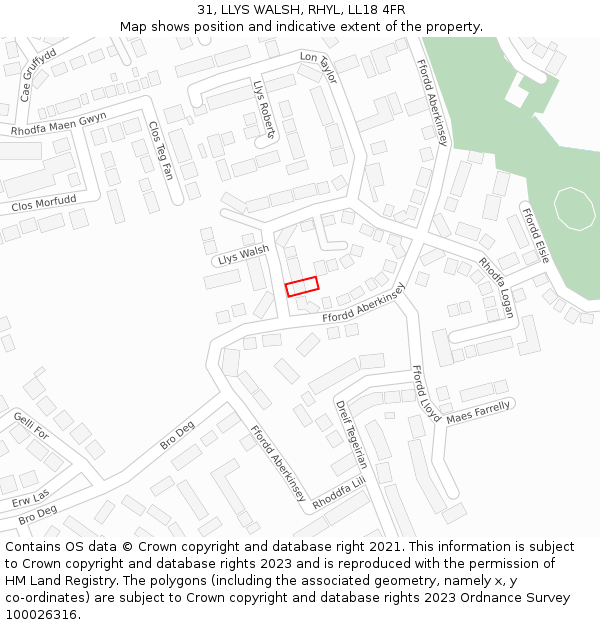 31, LLYS WALSH, RHYL, LL18 4FR: Location map and indicative extent of plot