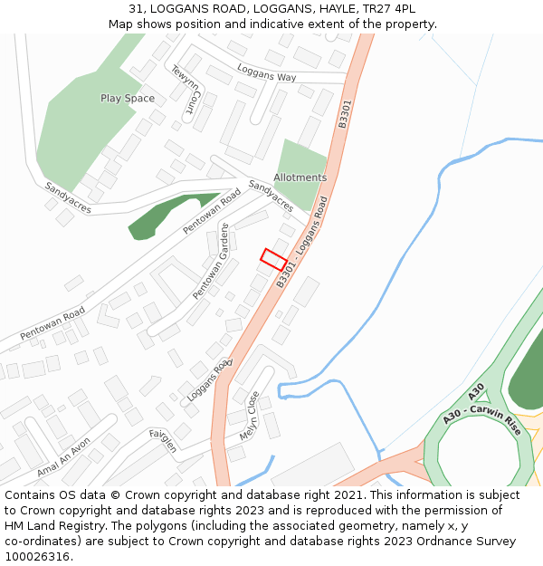 31, LOGGANS ROAD, LOGGANS, HAYLE, TR27 4PL: Location map and indicative extent of plot