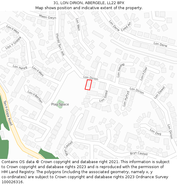 31, LON DIRION, ABERGELE, LL22 8PX: Location map and indicative extent of plot