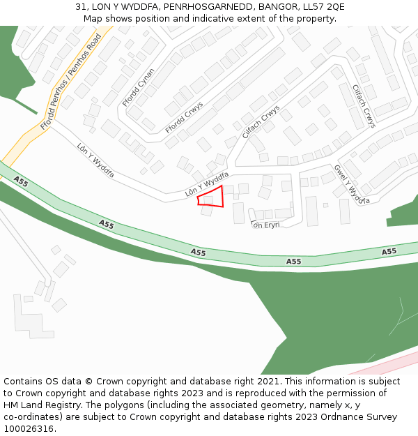 31, LON Y WYDDFA, PENRHOSGARNEDD, BANGOR, LL57 2QE: Location map and indicative extent of plot