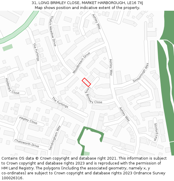 31, LONG BRIMLEY CLOSE, MARKET HARBOROUGH, LE16 7XJ: Location map and indicative extent of plot