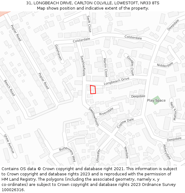 31, LONGBEACH DRIVE, CARLTON COLVILLE, LOWESTOFT, NR33 8TS: Location map and indicative extent of plot