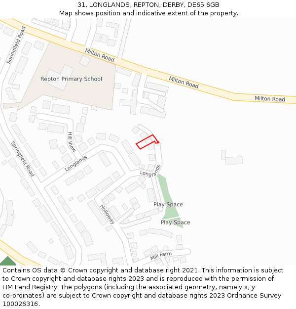 31, LONGLANDS, REPTON, DERBY, DE65 6GB: Location map and indicative extent of plot