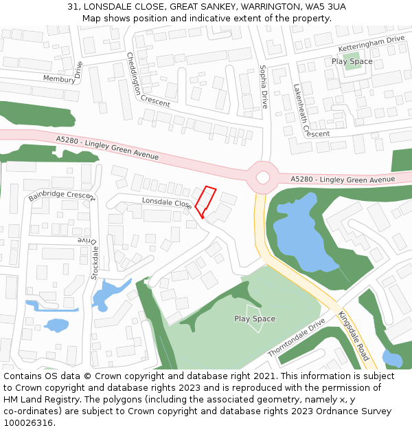 31, LONSDALE CLOSE, GREAT SANKEY, WARRINGTON, WA5 3UA: Location map and indicative extent of plot