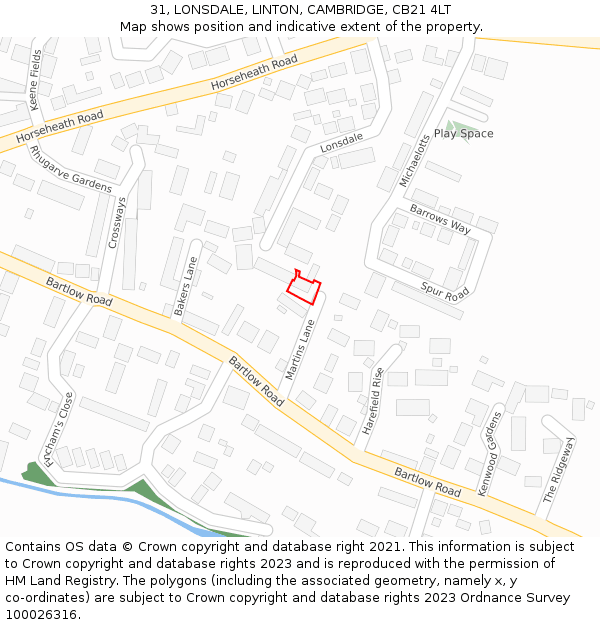 31, LONSDALE, LINTON, CAMBRIDGE, CB21 4LT: Location map and indicative extent of plot