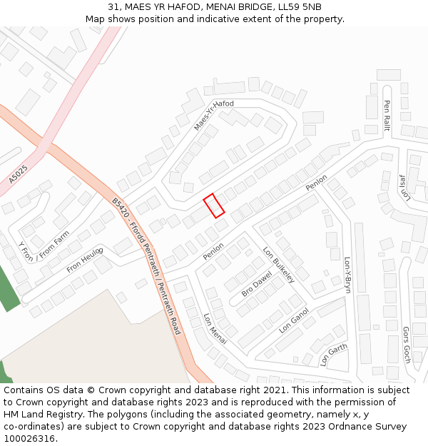 31, MAES YR HAFOD, MENAI BRIDGE, LL59 5NB: Location map and indicative extent of plot