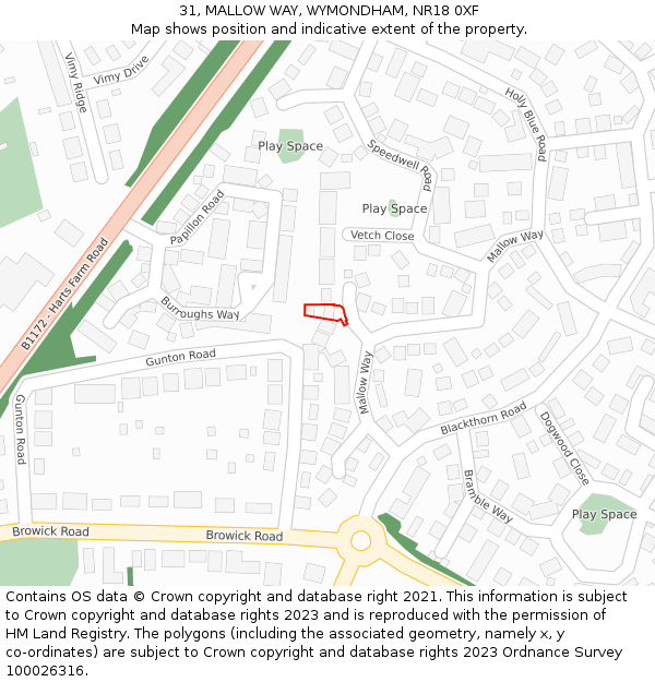 31, MALLOW WAY, WYMONDHAM, NR18 0XF: Location map and indicative extent of plot