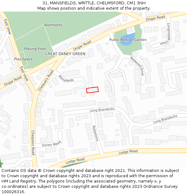 31, MANSFIELDS, WRITTLE, CHELMSFORD, CM1 3NH: Location map and indicative extent of plot