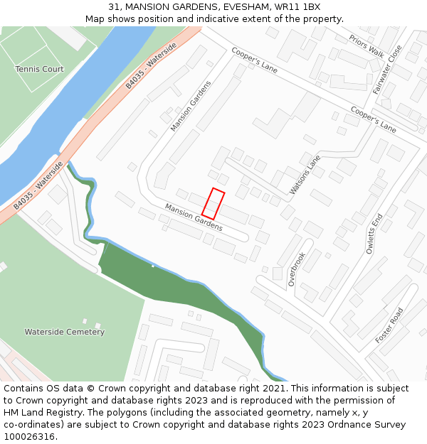 31, MANSION GARDENS, EVESHAM, WR11 1BX: Location map and indicative extent of plot