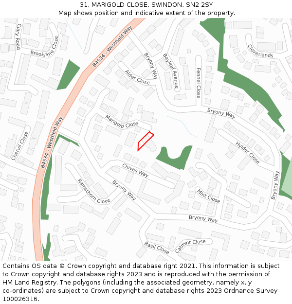 31, MARIGOLD CLOSE, SWINDON, SN2 2SY: Location map and indicative extent of plot