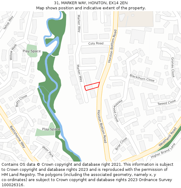31, MARKER WAY, HONITON, EX14 2EN: Location map and indicative extent of plot