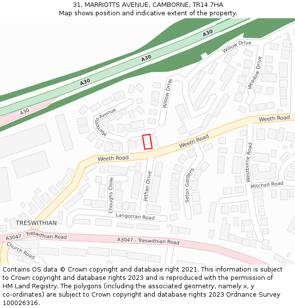 31, MARRIOTTS AVENUE, CAMBORNE, TR14 7HA: Location map and indicative extent of plot