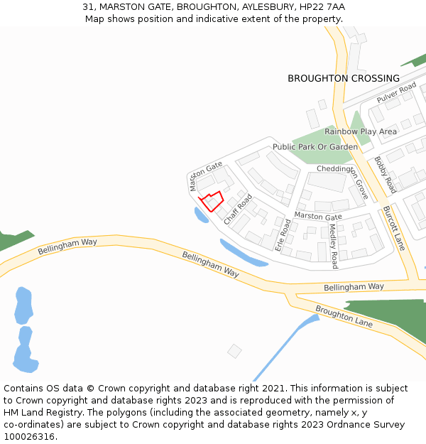 31, MARSTON GATE, BROUGHTON, AYLESBURY, HP22 7AA: Location map and indicative extent of plot