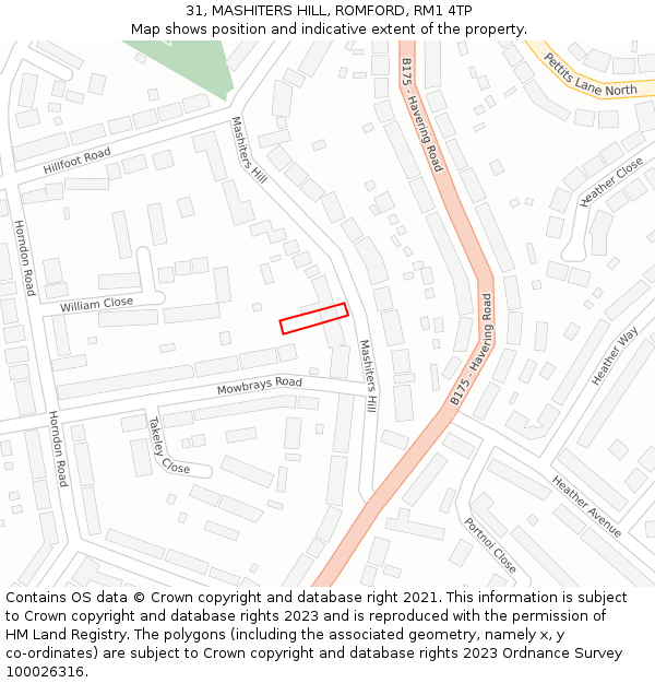 31, MASHITERS HILL, ROMFORD, RM1 4TP: Location map and indicative extent of plot