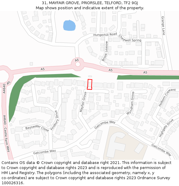 31, MAYFAIR GROVE, PRIORSLEE, TELFORD, TF2 9GJ: Location map and indicative extent of plot