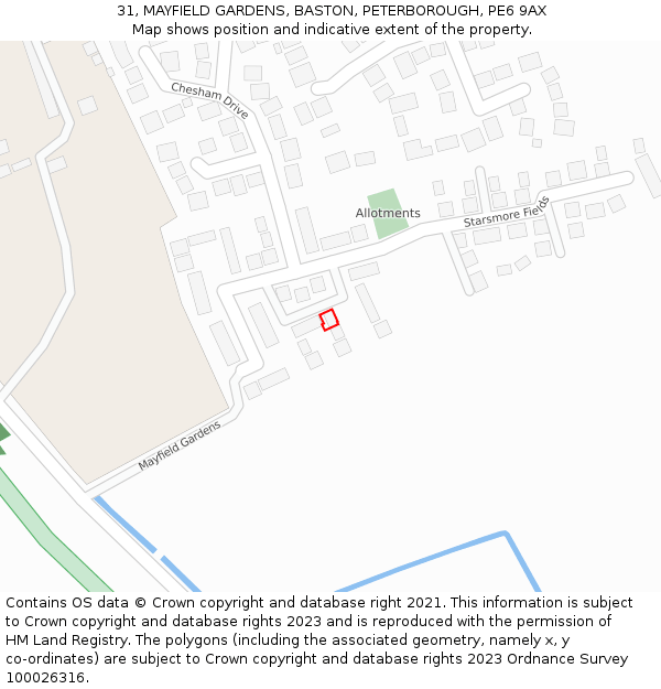 31, MAYFIELD GARDENS, BASTON, PETERBOROUGH, PE6 9AX: Location map and indicative extent of plot