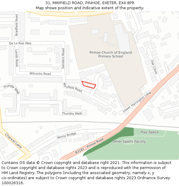 31, MAYFIELD ROAD, PINHOE, EXETER, EX4 8PR: Location map and indicative extent of plot