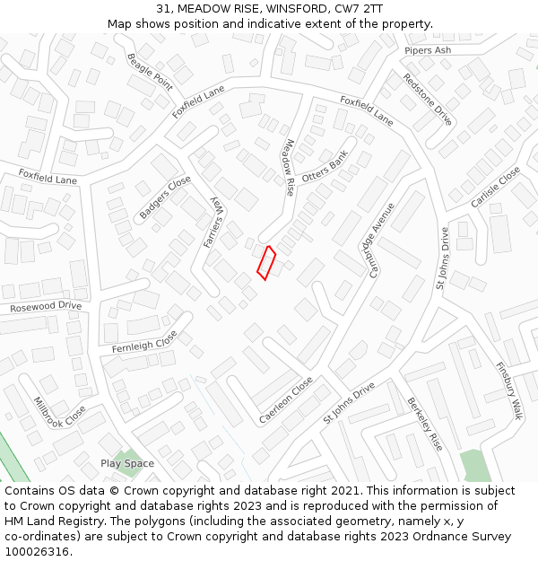 31, MEADOW RISE, WINSFORD, CW7 2TT: Location map and indicative extent of plot