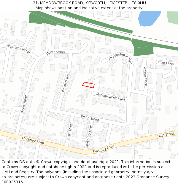 31, MEADOWBROOK ROAD, KIBWORTH, LEICESTER, LE8 0HU: Location map and indicative extent of plot