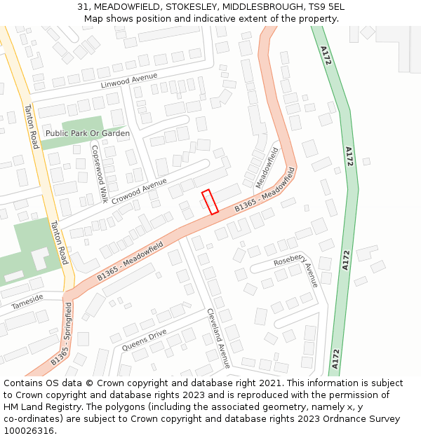 31, MEADOWFIELD, STOKESLEY, MIDDLESBROUGH, TS9 5EL: Location map and indicative extent of plot