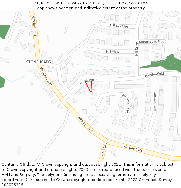 31, MEADOWFIELD, WHALEY BRIDGE, HIGH PEAK, SK23 7AX: Location map and indicative extent of plot