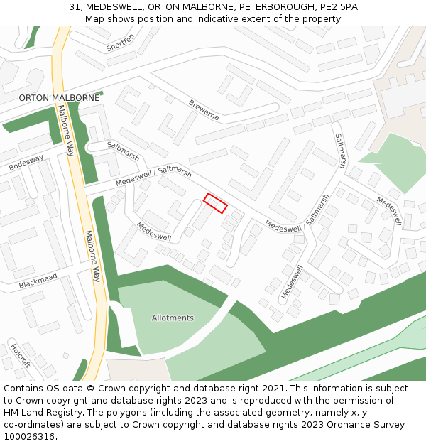 31, MEDESWELL, ORTON MALBORNE, PETERBOROUGH, PE2 5PA: Location map and indicative extent of plot