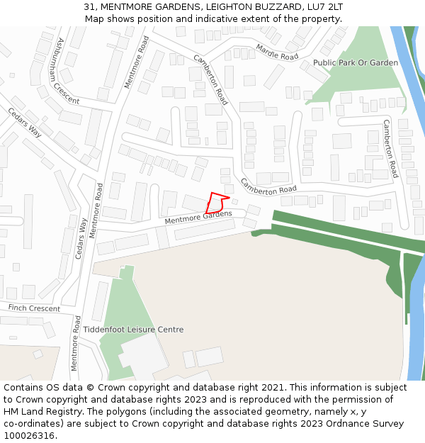 31, MENTMORE GARDENS, LEIGHTON BUZZARD, LU7 2LT: Location map and indicative extent of plot