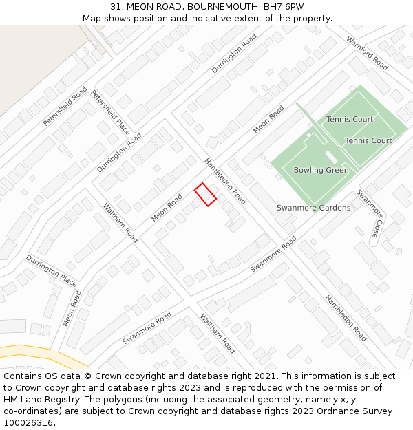 31, MEON ROAD, BOURNEMOUTH, BH7 6PW: Location map and indicative extent of plot