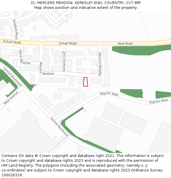 31, MERCERS MEADOW, KERESLEY END, COVENTRY, CV7 8RF: Location map and indicative extent of plot