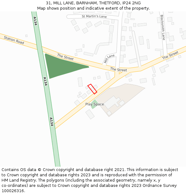 31, MILL LANE, BARNHAM, THETFORD, IP24 2NG: Location map and indicative extent of plot