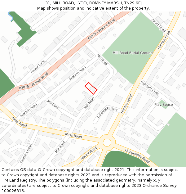 31, MILL ROAD, LYDD, ROMNEY MARSH, TN29 9EJ: Location map and indicative extent of plot