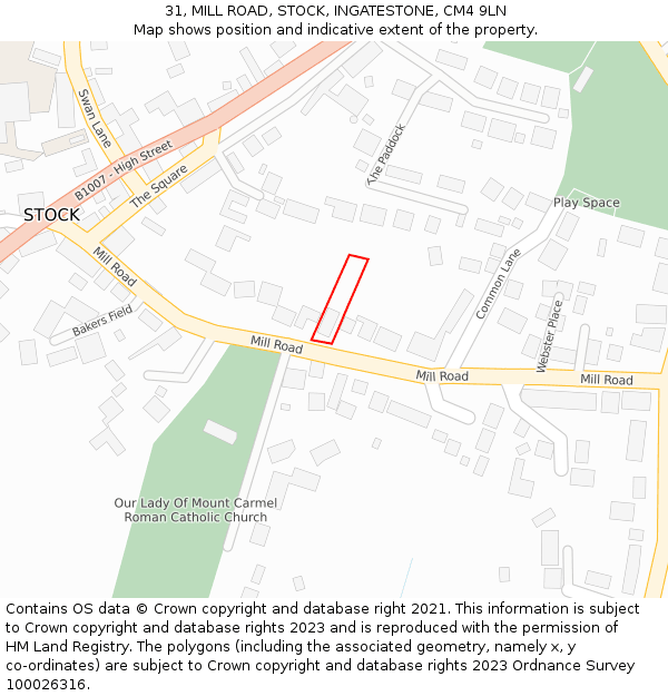 31, MILL ROAD, STOCK, INGATESTONE, CM4 9LN: Location map and indicative extent of plot