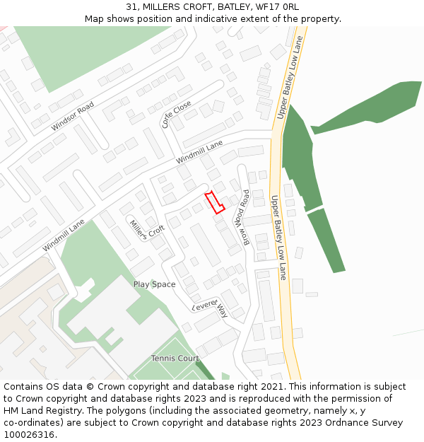 31, MILLERS CROFT, BATLEY, WF17 0RL: Location map and indicative extent of plot