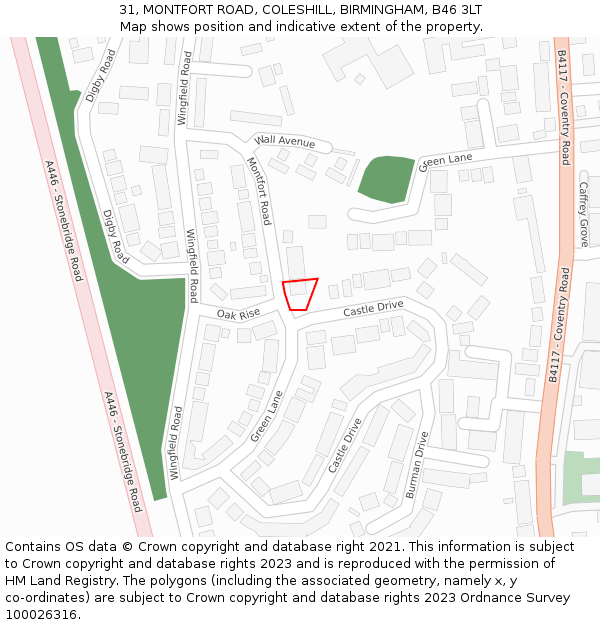 31, MONTFORT ROAD, COLESHILL, BIRMINGHAM, B46 3LT: Location map and indicative extent of plot