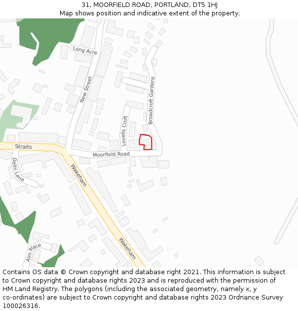 31, MOORFIELD ROAD, PORTLAND, DT5 1HJ: Location map and indicative extent of plot