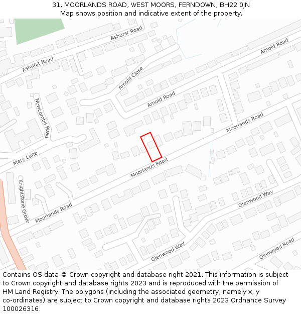 31, MOORLANDS ROAD, WEST MOORS, FERNDOWN, BH22 0JN: Location map and indicative extent of plot