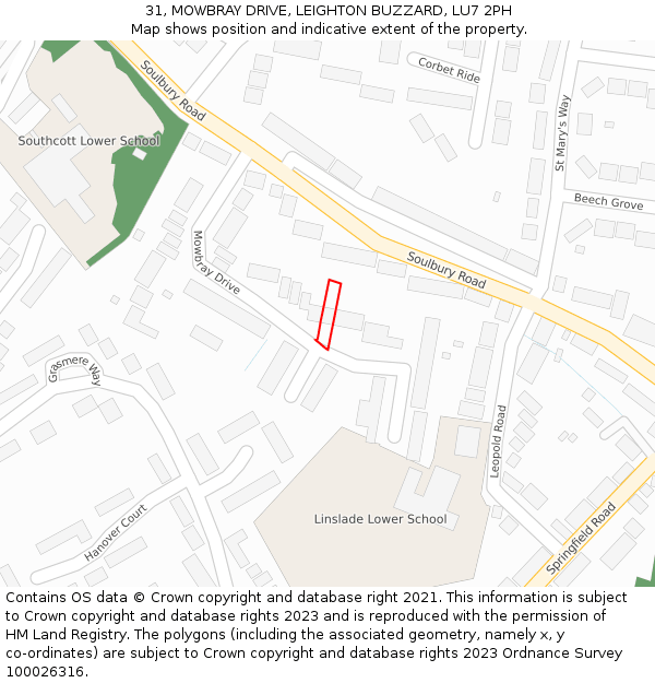 31, MOWBRAY DRIVE, LEIGHTON BUZZARD, LU7 2PH: Location map and indicative extent of plot