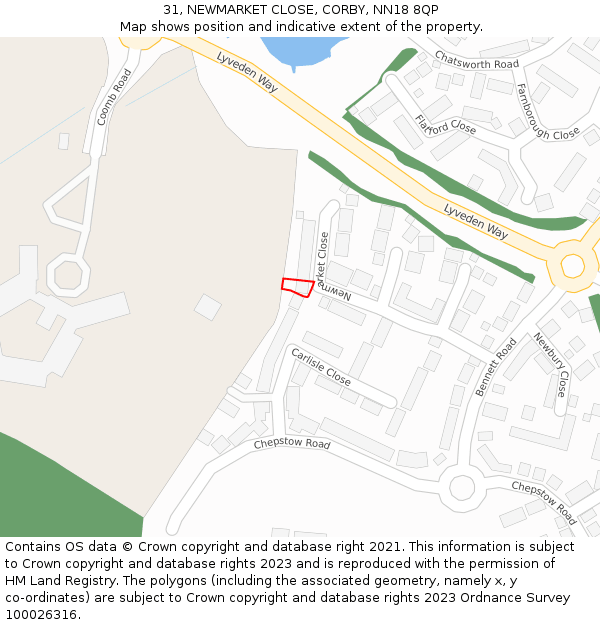31, NEWMARKET CLOSE, CORBY, NN18 8QP: Location map and indicative extent of plot