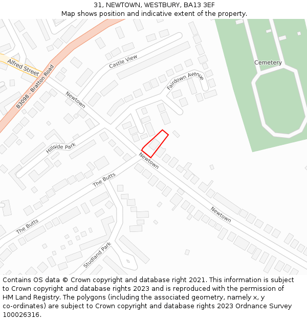 31, NEWTOWN, WESTBURY, BA13 3EF: Location map and indicative extent of plot