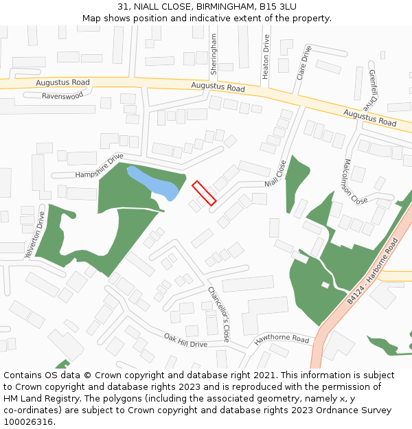 31, NIALL CLOSE, BIRMINGHAM, B15 3LU: Location map and indicative extent of plot