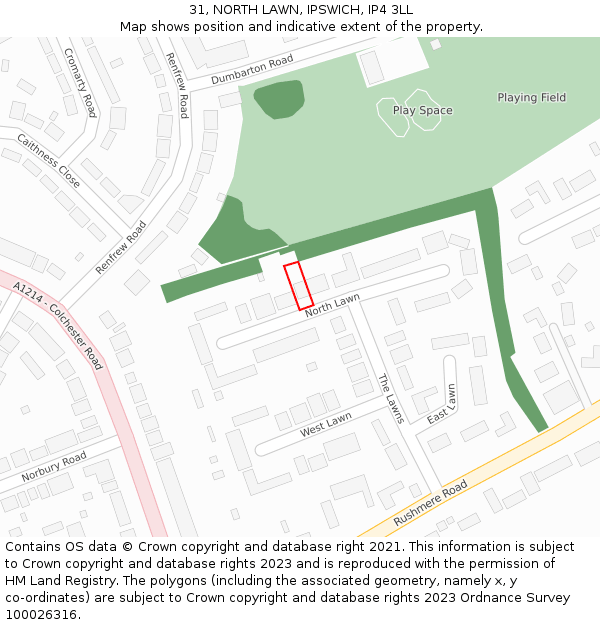 31, NORTH LAWN, IPSWICH, IP4 3LL: Location map and indicative extent of plot