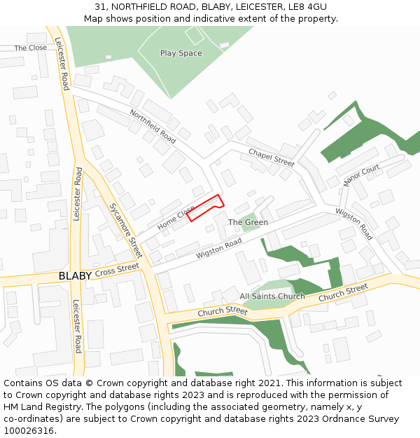 31, NORTHFIELD ROAD, BLABY, LEICESTER, LE8 4GU: Location map and indicative extent of plot