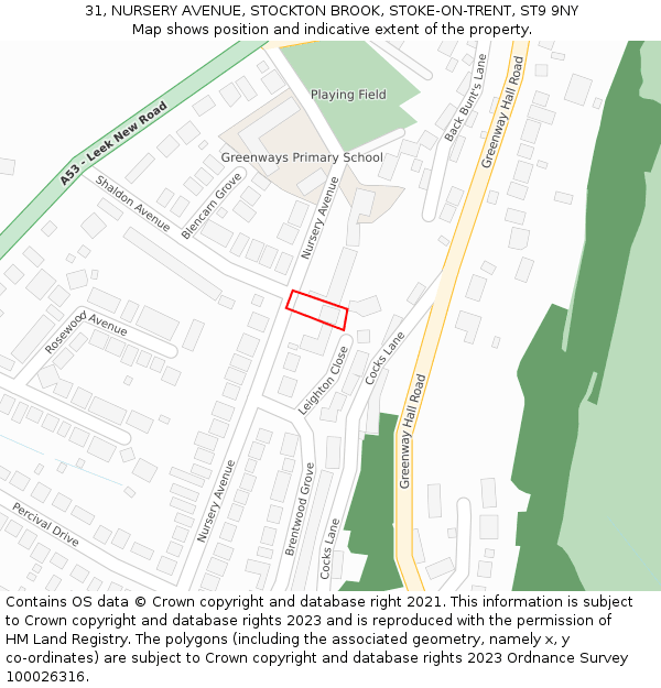 31, NURSERY AVENUE, STOCKTON BROOK, STOKE-ON-TRENT, ST9 9NY: Location map and indicative extent of plot