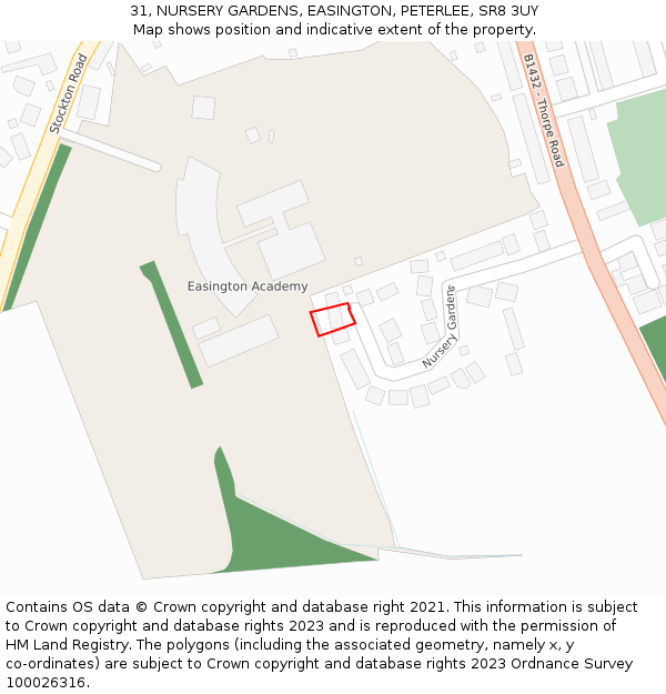 31, NURSERY GARDENS, EASINGTON, PETERLEE, SR8 3UY: Location map and indicative extent of plot