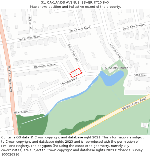 31, OAKLANDS AVENUE, ESHER, KT10 8HX: Location map and indicative extent of plot